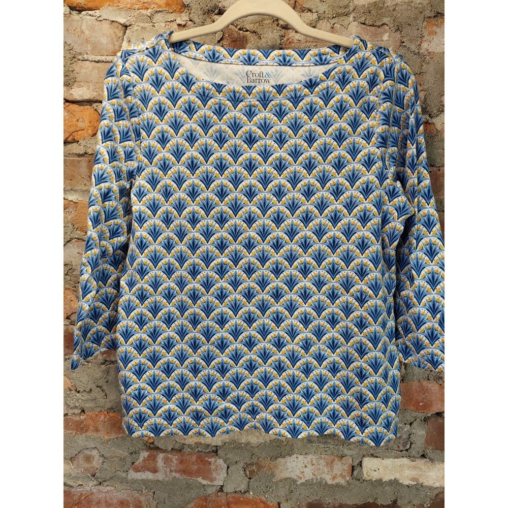 Croft & Barrow Womens Top PM Blue Yellow Fan Print 100% Cotton 3/4 Sleeve Boat